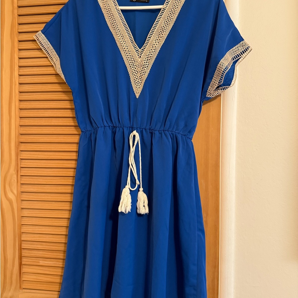 Blue Dress with White Crochet Trim